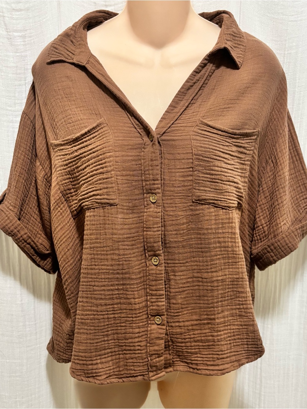 Brown Linen Button-Front Women's Top from Beachlunchlounge Size M